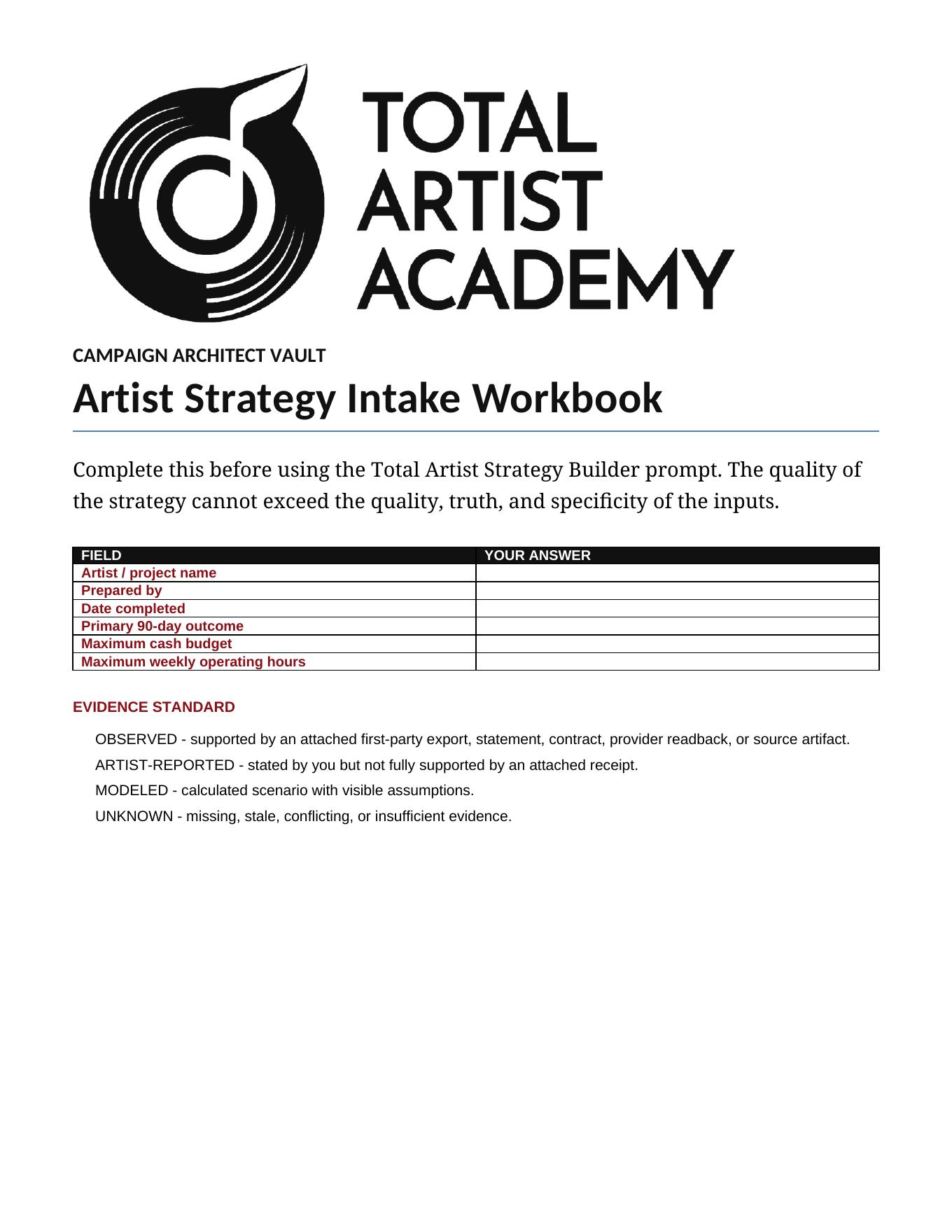 Artist Strategy Intake Workbook page